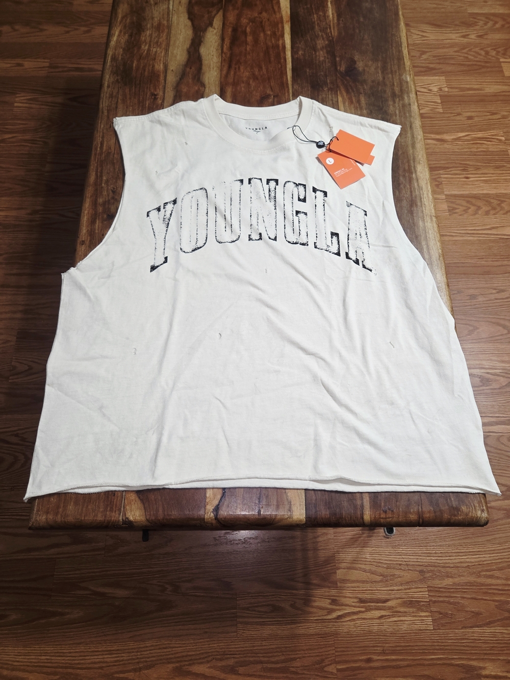 YoungLA Men's Cream Sleeveless Distressed Muscle Tee. Size Large